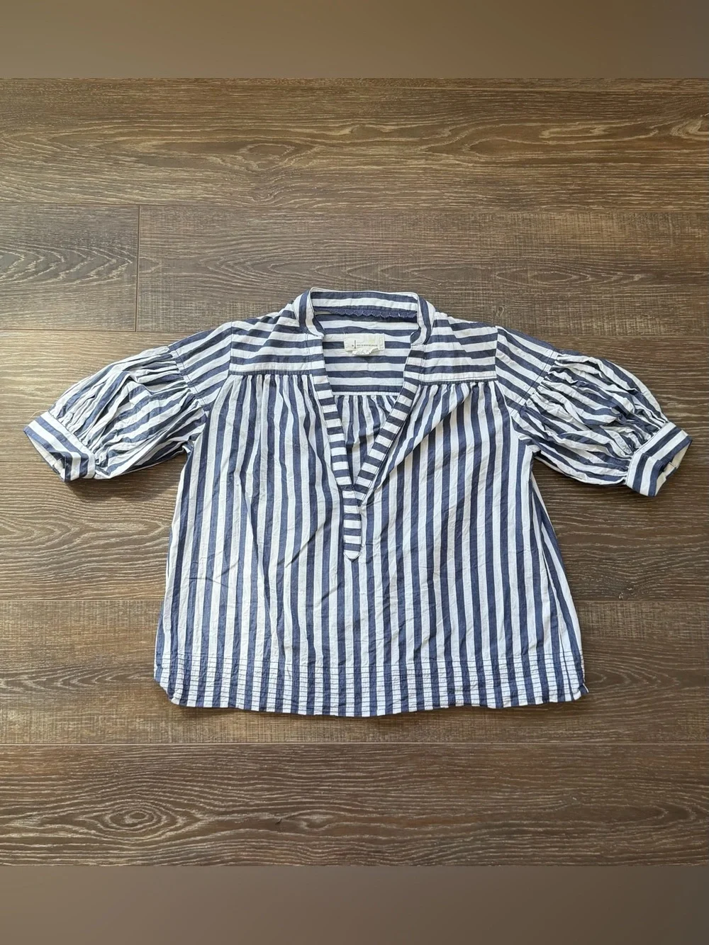 Anthropologie Blue and White Striped Puff Sleeve Blouse